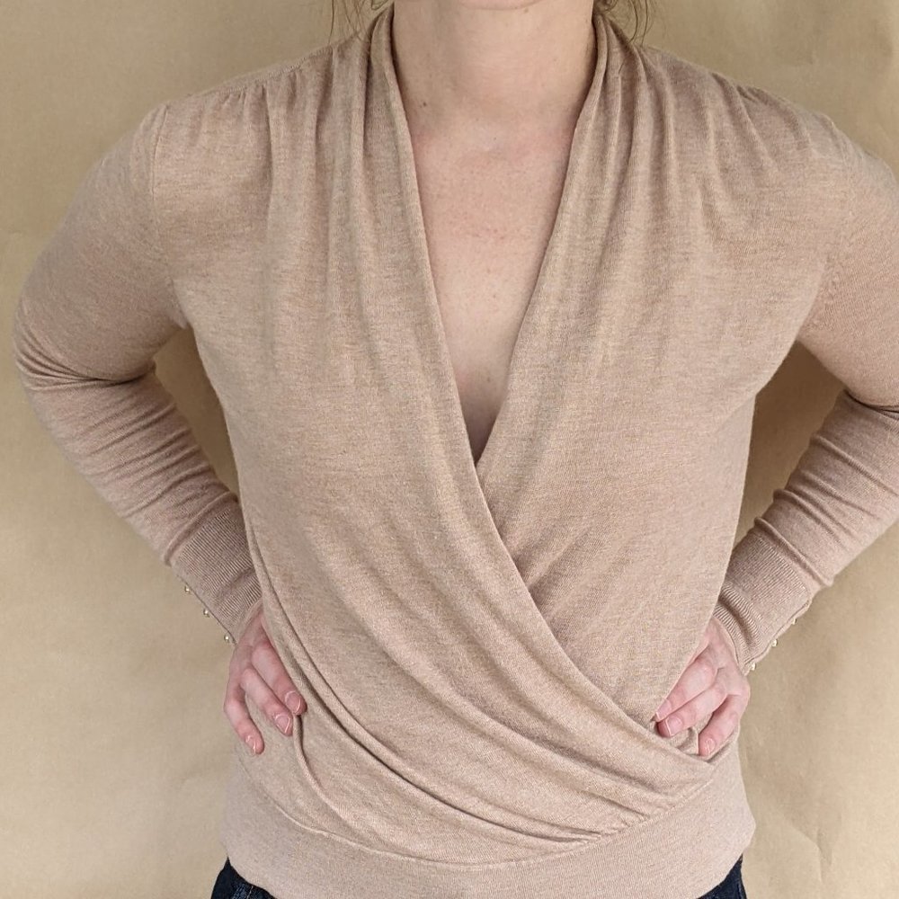 WHBM camel/khaki long sleeve faux wrap, sz S. Name your price: make an offer!